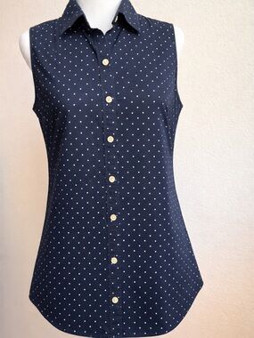 Banana Republic Navy with White Polka Dot Sleeveless Button-Down Shirt